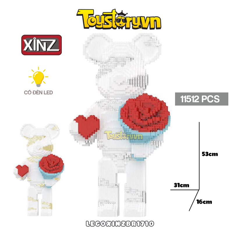 Lego Bearbrick 53cm Gấu màu trắng, cầm bó hoa, có đèn LED LEGOXINZBR1710